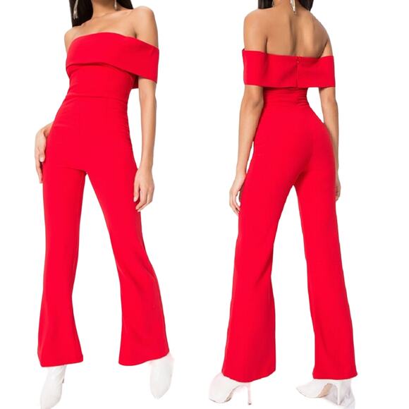 Superdown Aubrey Jumpsuit Wide Flare Leg Open Off the Shoulder Red Womens Medium - Picture 1 of 8